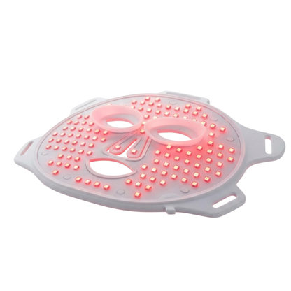 Red light therapy face mask with full-face LED coverage on a white background