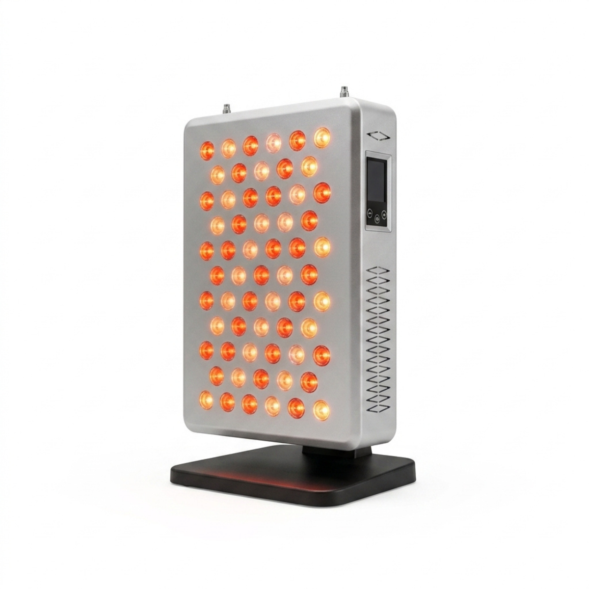 Red light therapy panel with red and near-infrared LEDs on a white background