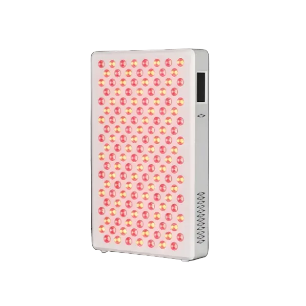 Back view of a red light therapy panel on a white background