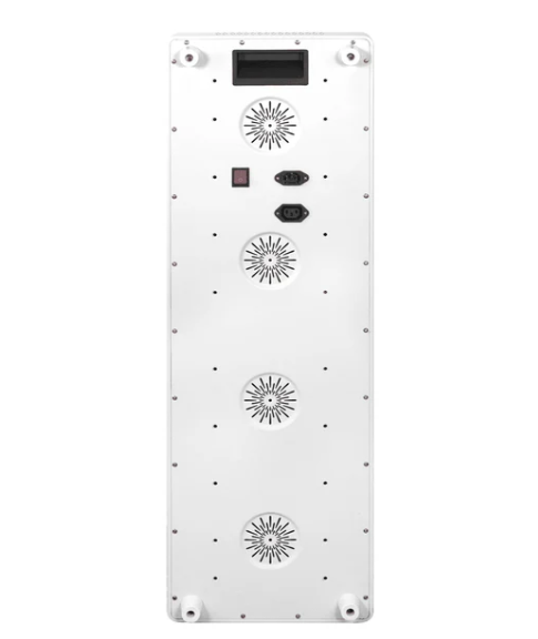 Bottom view of a red light therapy panel on a white background