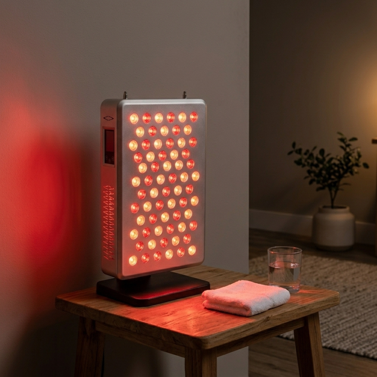Red light therapy panel on a wooden table in a calm home wellness setting