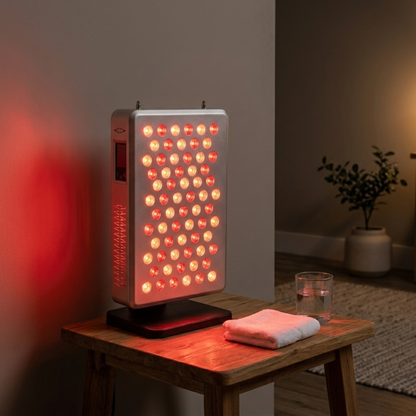 Red light therapy panel on a wooden table in a calm home wellness setting