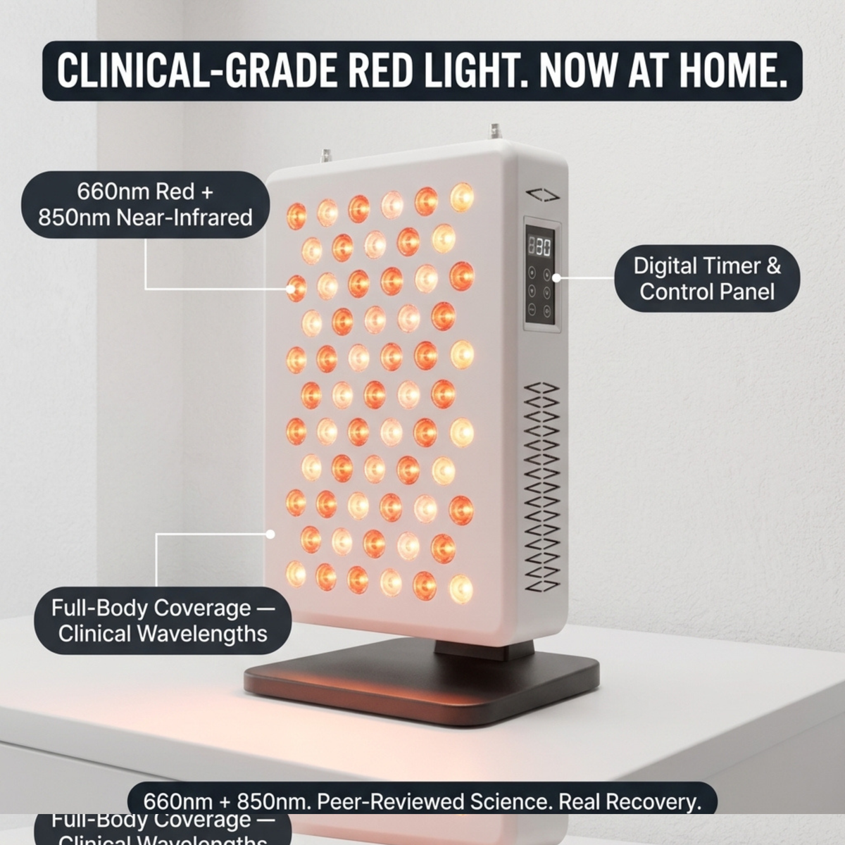 Red light therapy panel shown in an at-home wellness lifestyle setting