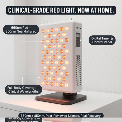 Red light therapy panel shown in an at-home wellness lifestyle setting
