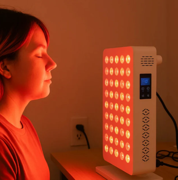 Side view of a red light therapy panel on a white background