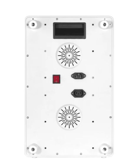 Top view of a red light therapy panel on a white background
