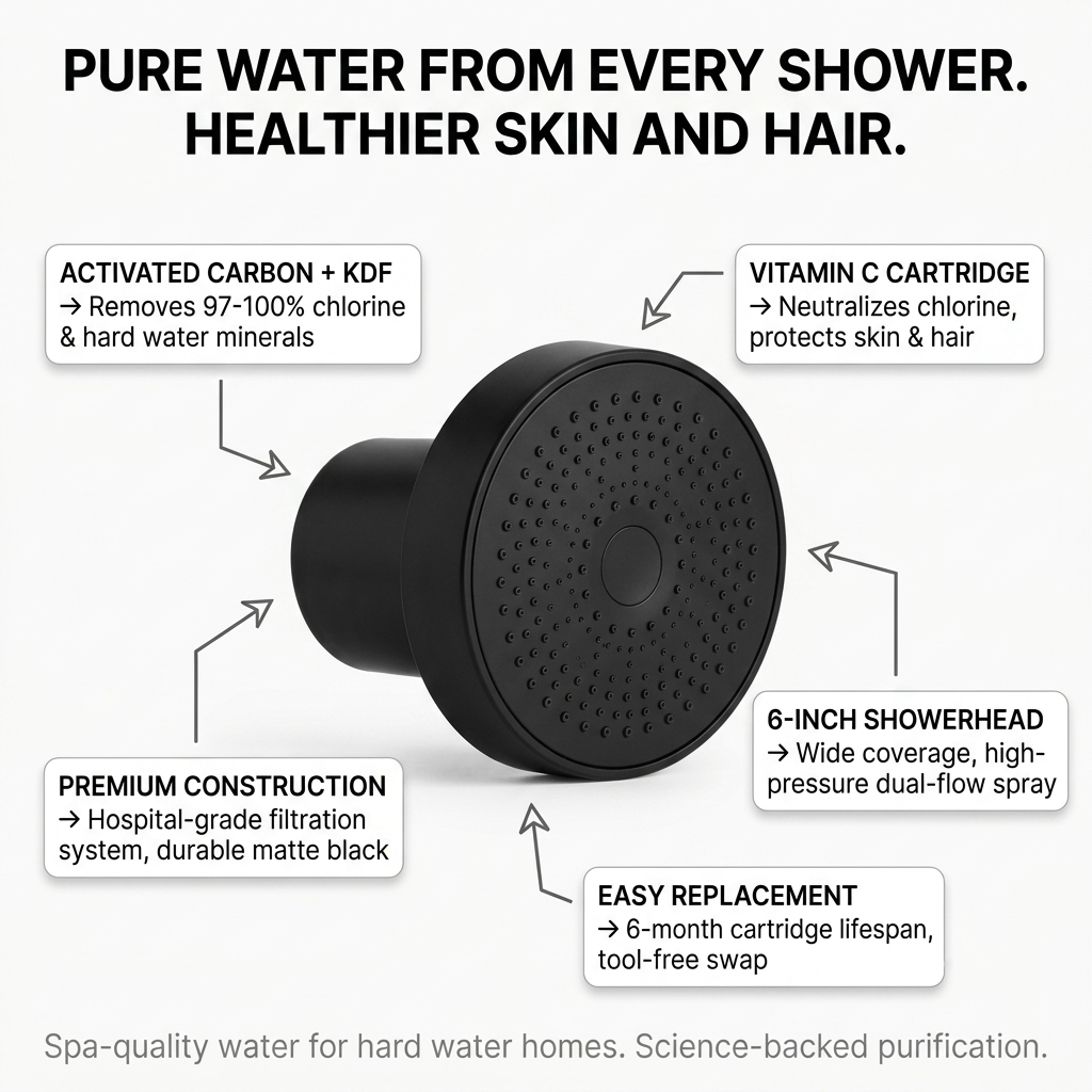 Shower Head Filter, Black finish, feature highlight showing key benefits.
