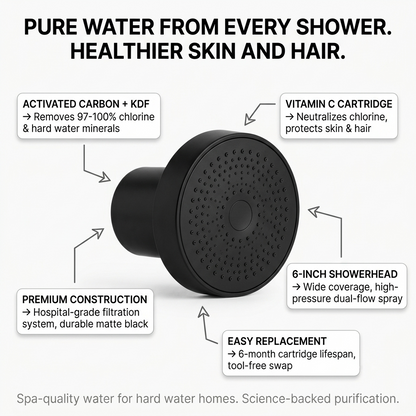 Shower Head Filter, Black finish, feature highlight showing key benefits.