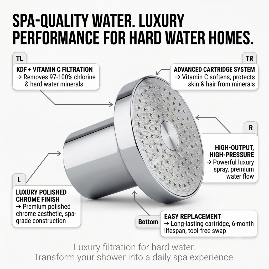 Shower Head Filter, Chrome finish, feature highlight showing key benefits.