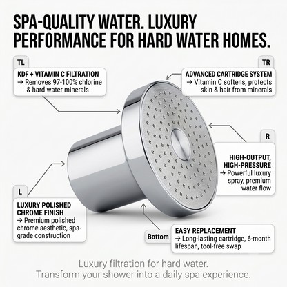 Shower Head Filter, Chrome finish, feature highlight showing key benefits.