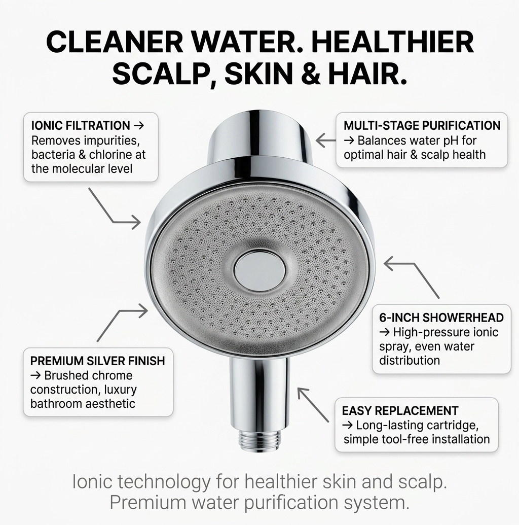 Shower Head Filter, Silver finish, feature highlight showing key benefits.