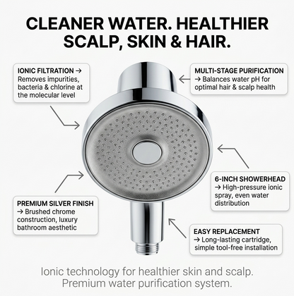 Shower Head Filter, Silver finish, feature highlight showing key benefits.