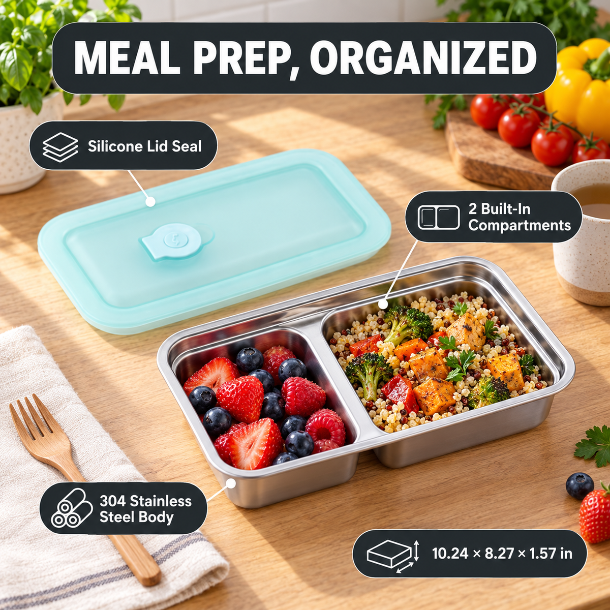 Steely two-compartment stainless steel bento box with mint lid, meal-prep food, feature callouts, and dimensions.