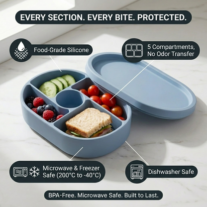 Silicone Bento Box — feature highlight callout showing food-grade silicone, 5-compartment design with odor-transfer prevention, microwave and freezer safe, and dishwasher safe.