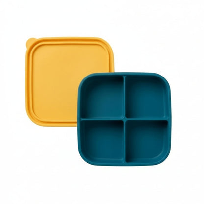 Silicone Food Storage Container, Cube configuration, Ocean Blue, product photo on a white background.