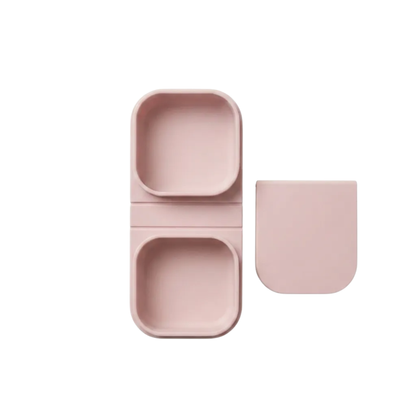 Silicone Food Storage Container, Slate configuration, Blush Pink, product photo on a white background.