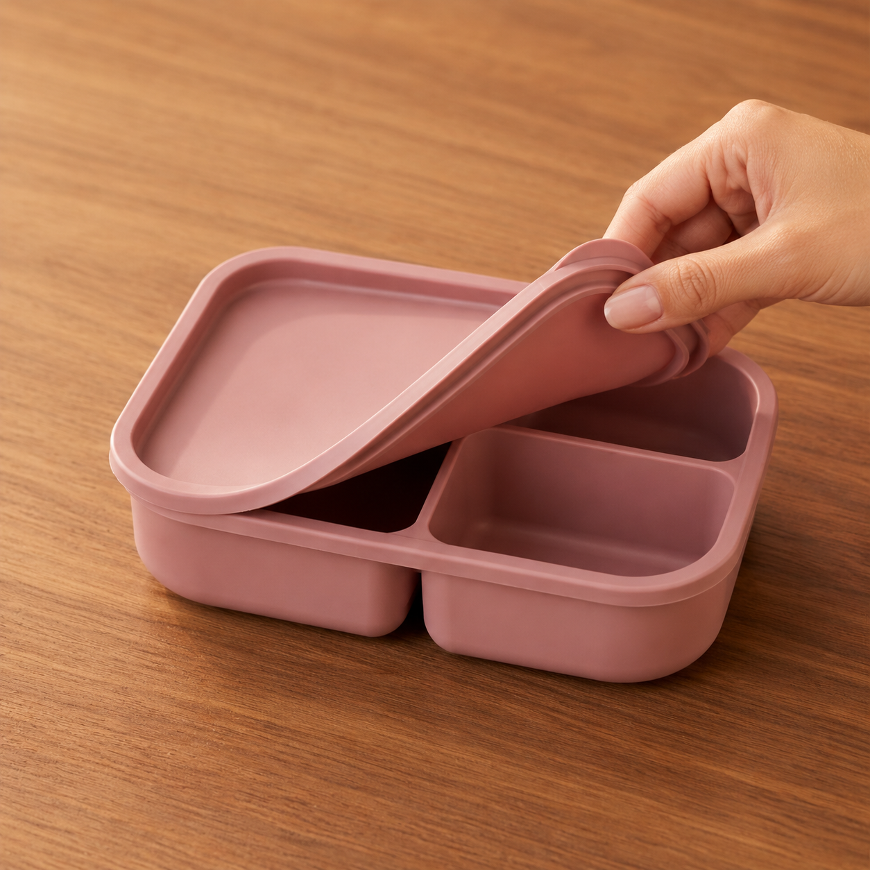 Silicone Food Storage Container, Trio configuration, Blush Pink — lifestyle photo showing the product in use.