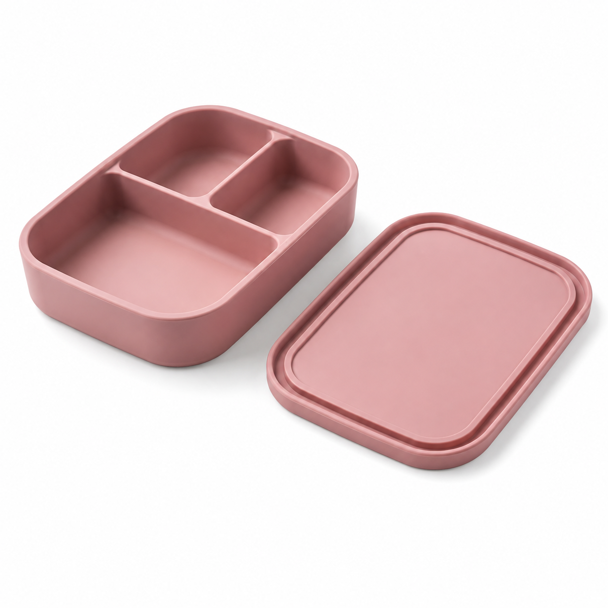Silicone Food Storage Container, Trio configuration, Blush Pink, shown open, displaying the interior.