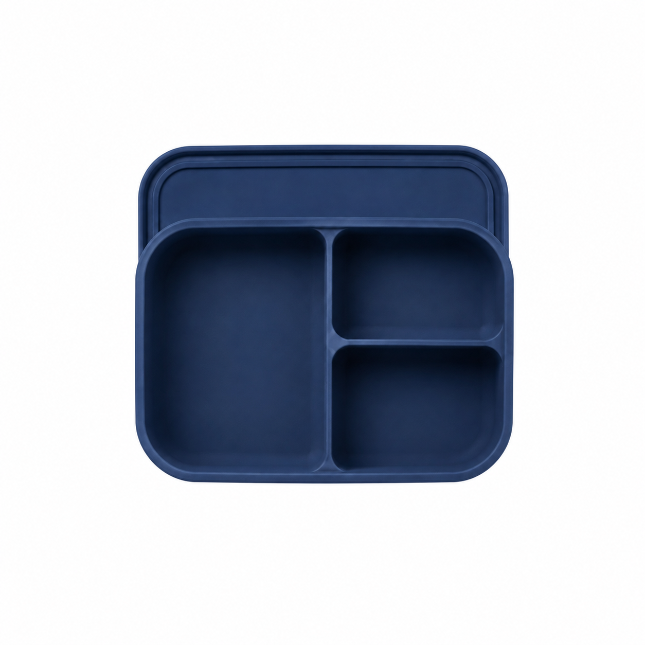 Ocean blue silicone bento lunch box with a matching lid, featuring three divided compartments on a white background.