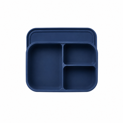 Ocean blue silicone bento lunch box with a matching lid, featuring three divided compartments on a white background.