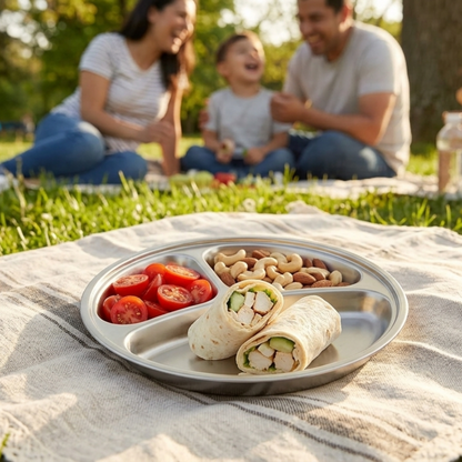 Steely Kids divided plate used outdoors at a picnic with healthy food portions in each compartment.