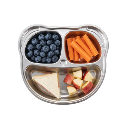 Steely Kids Divided Plate shown filled with food across all three sections.