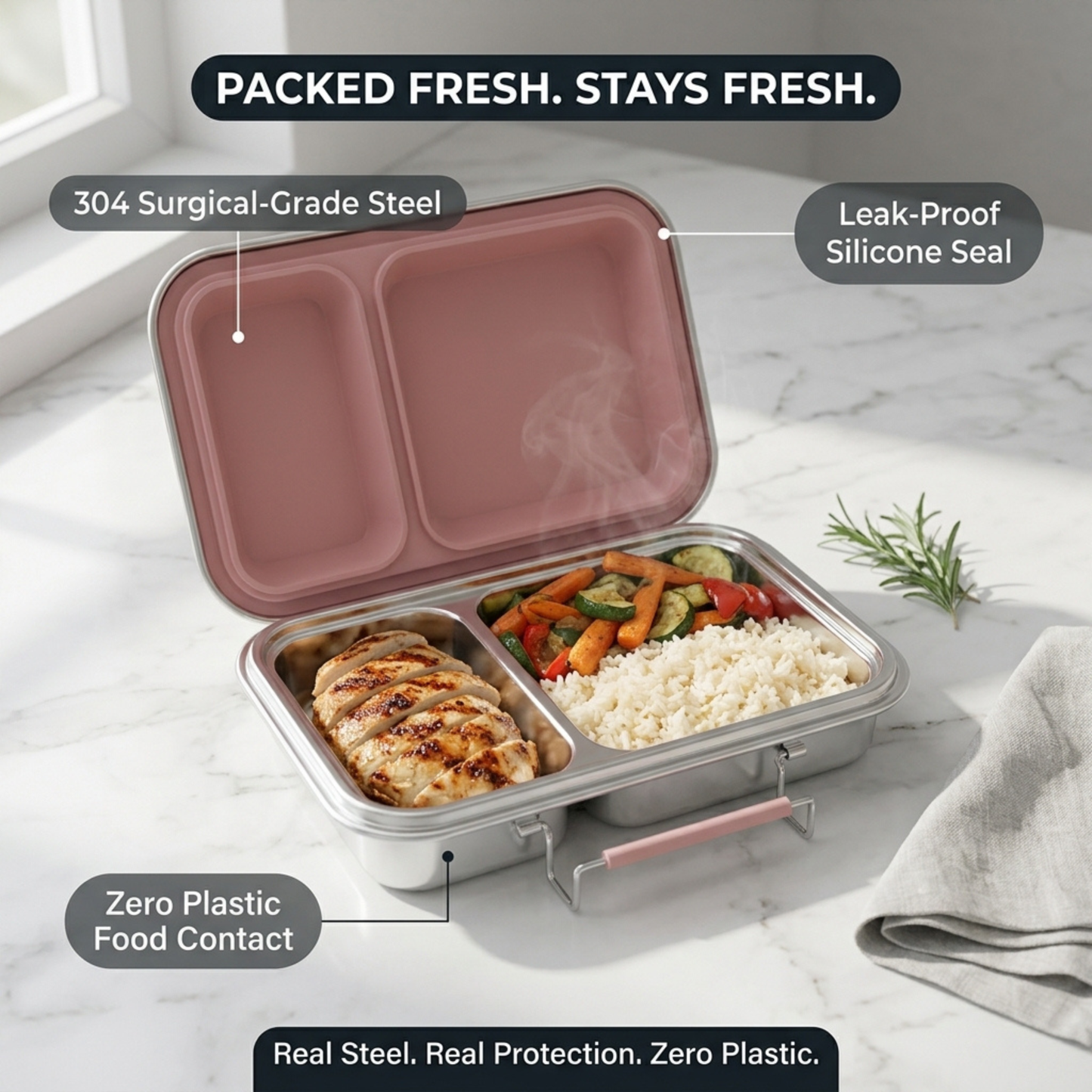 Stainless Steel Lunchbox — feature highlight callout showing key product benefits.