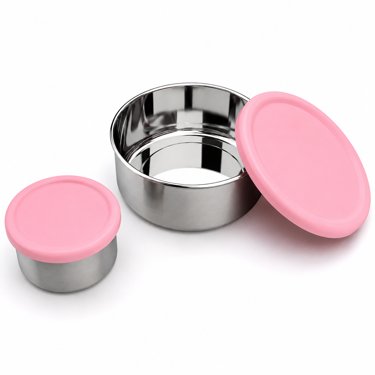 Stainless Steel Snack Containers — Blush Pink, product photo on a white background.