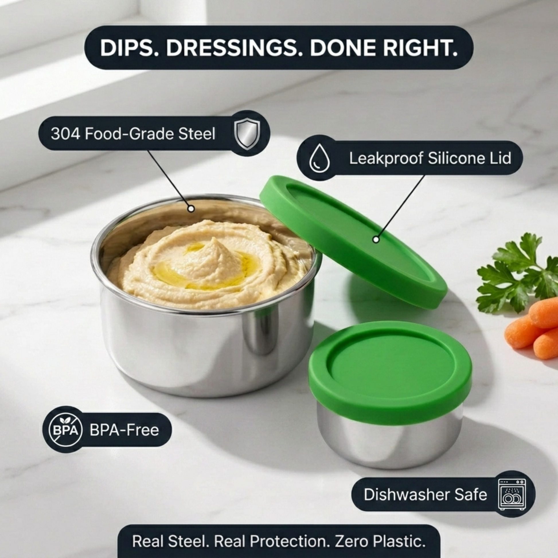 Stainless Steel Snack Containers — feature highlight callout showing 304 food-grade steel, leakproof silicone lid, BPA-free, and dishwasher safe.