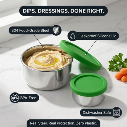 Stainless Steel Snack Containers — feature highlight callout showing 304 food-grade steel, leakproof silicone lid, BPA-free, and dishwasher safe.