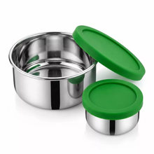 Stainless Steel Snack Containers — Sage Green, product photo on a white background.