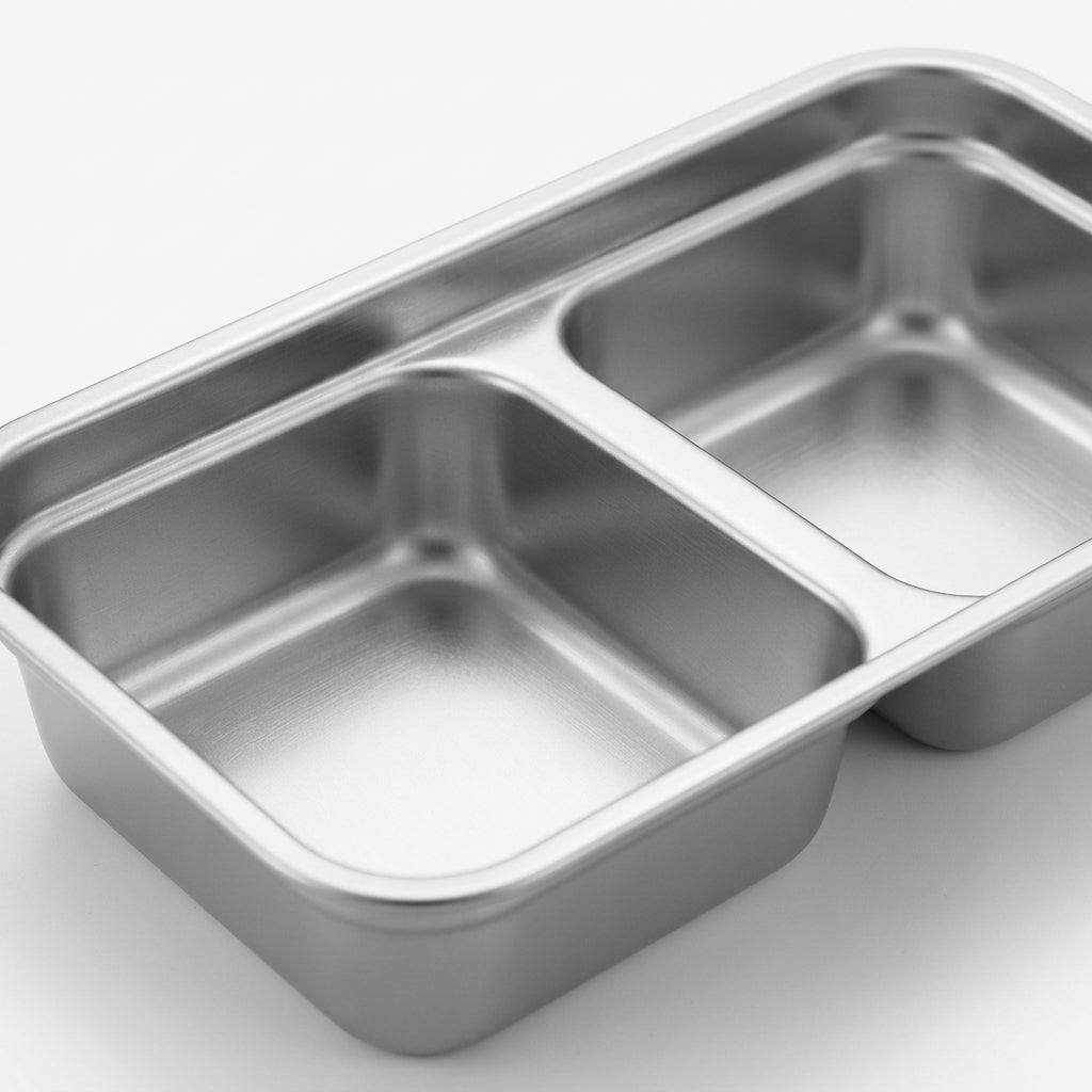 Close-up of Steely stainless steel container material and finish