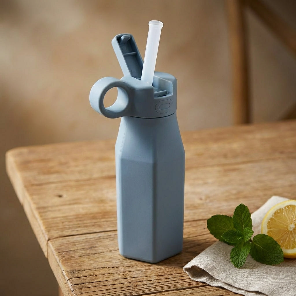 Silicone Water Bottle — Ocean Blue, product photo on a white background, front view.