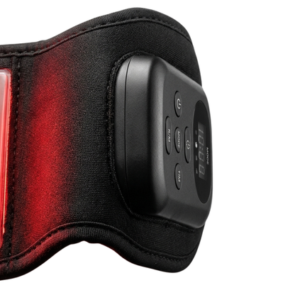 Black wearable red light therapy belt with integrated remote control